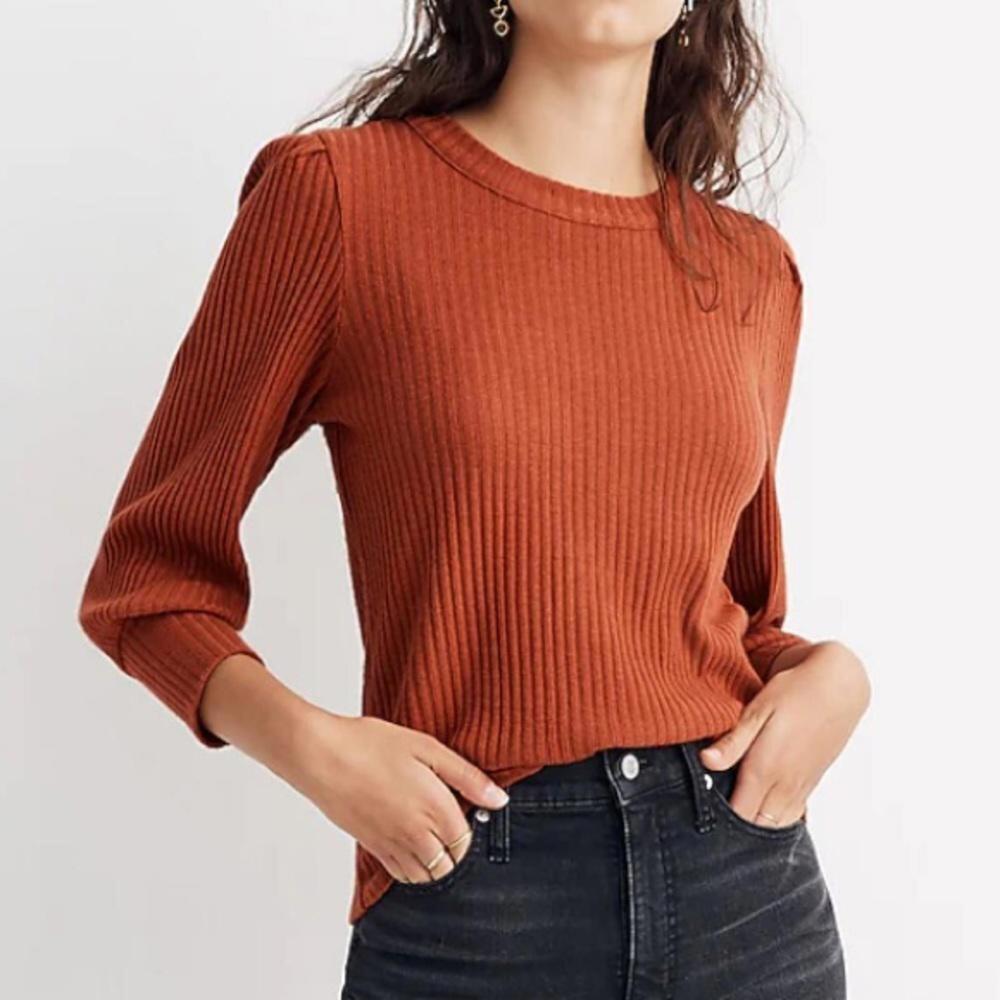 Madewell l Olive Brushed Rib Pleat-Sleeve Top Small - Picture 1 of 8